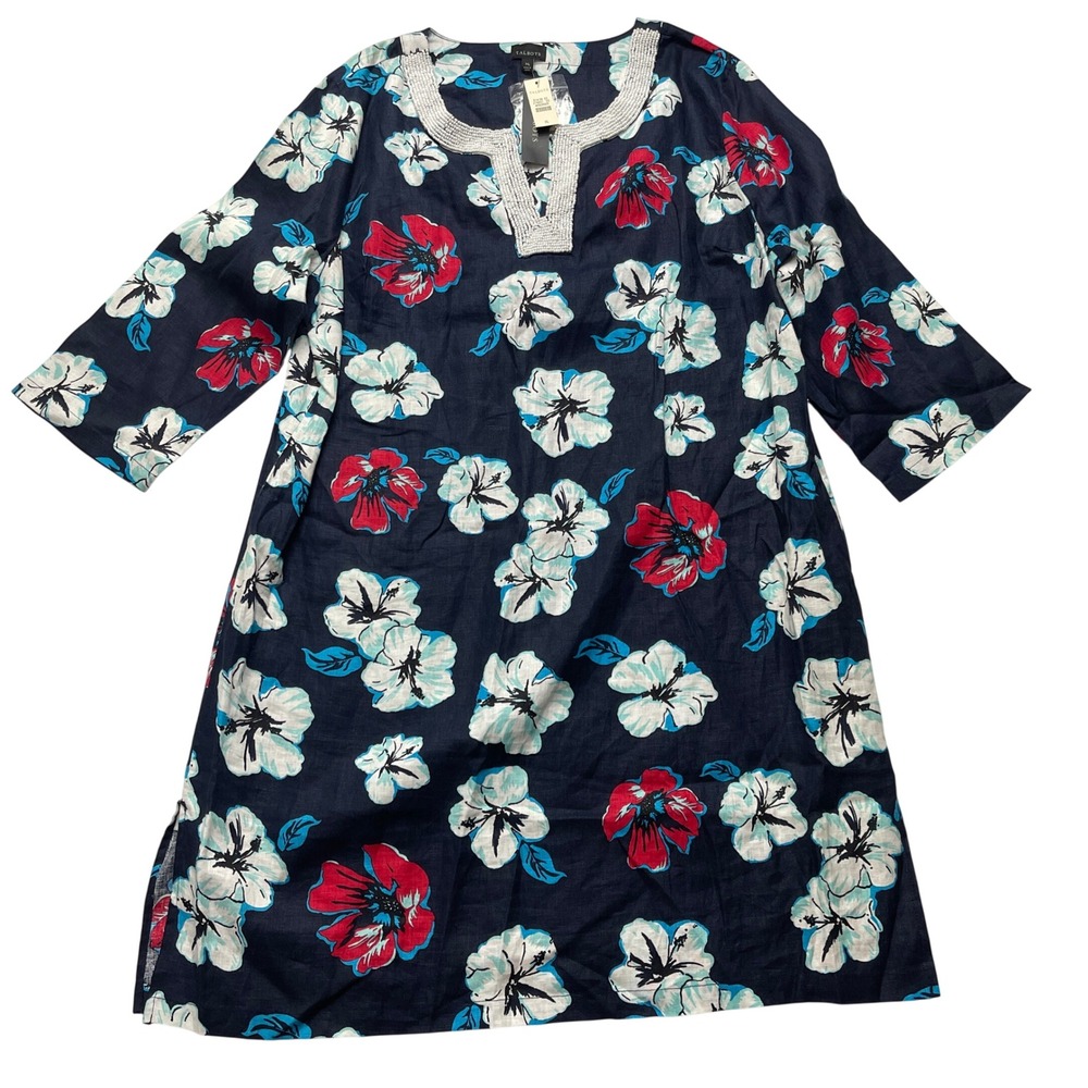 Talbots Dress XL 100% Linen Floral Hawaiian Beaded Shift Beachy Nautical NEW